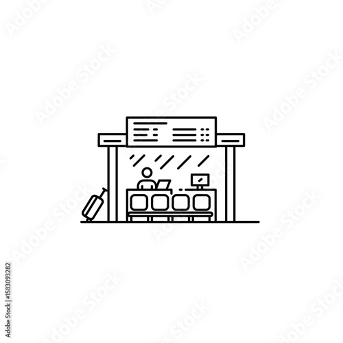 Airport boarding gate illustration, ticketing counter, travel concept, minimalist style