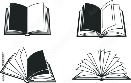 Open Books Vector Icons Set: Reading, Learning, Education, Knowledge, Literature, Study, Textbook, Storytelling Symbols Collection.