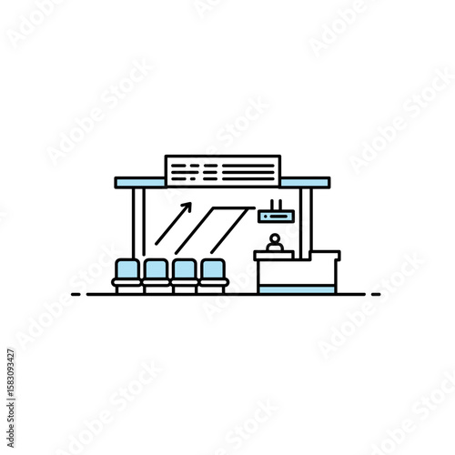 Airport boarding gate illustration, modern design, travel concept, waiting area
