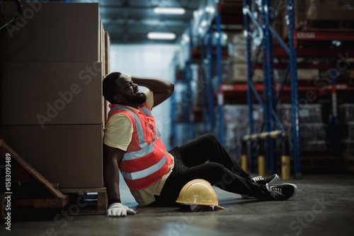 Injured warehouse worker sitting on floor holding head in pain after accident, highlighting workplace safety issues, industrial risk, and physical exhaustion.