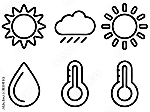 Collection of weather icons including sun rain and thermometers