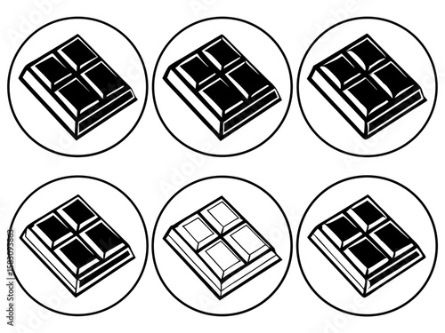 Six circular icons featuring isometric chocolate bars in black and white