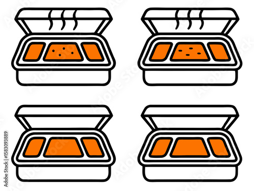 Four stylized illustrations of takeout food containers with white compartments