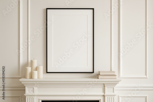 Blank framed poster above a white fireplace mantel with candles and books, elegant classic interior