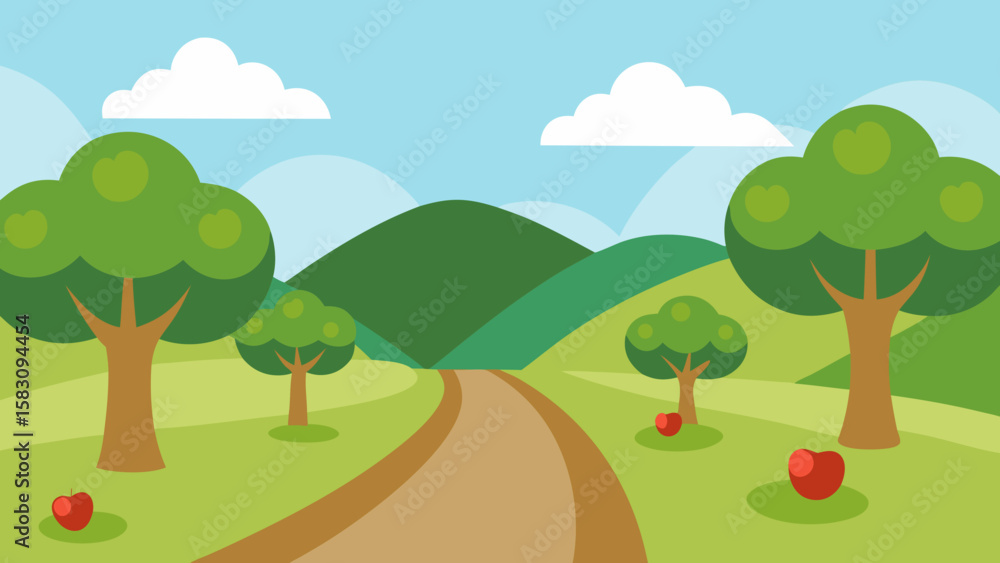 Fototapeta premium Cartoon Orchard Path with Green Hills