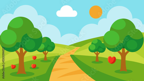 Cartoon Orchard Path with Green Hills