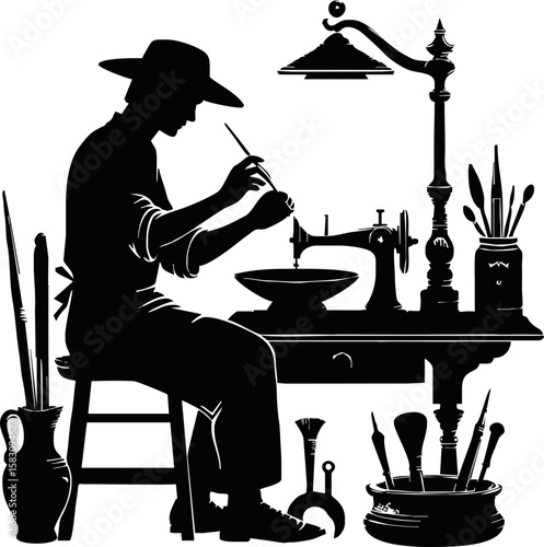 Silhouette of handcraft artist working isolated vector style on white background