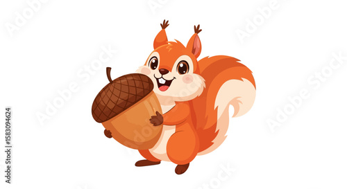 A cheerful cartoon squirrel holding a large brown acorn, smiling happily.