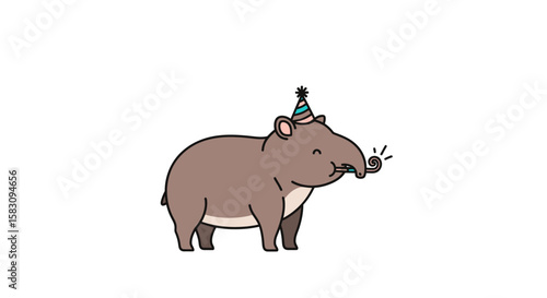 Cute cartoon tapir wearing a party hat, celebrating a special occasion.
