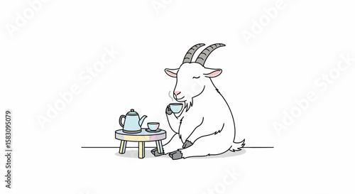 A white goat sitting cross-legged, enjoying a cup of tea from a teapot on a small stool.