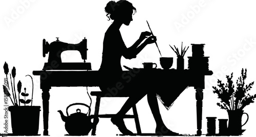 Silhouette of handcraft artist working isolated vector style on white background
