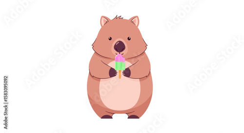 Cute cartoon wombat enjoying a colorful ice cream.