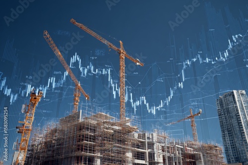 City construction: economic chart with cranes and scaffolding. Building projects. Profit protection in construction: financial planning amid rising demand. Economic forces. Modern construction.