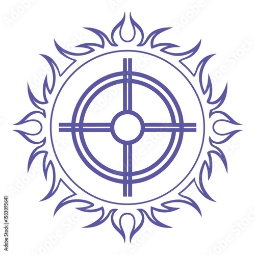 Circular emblem with flame like accents and cross symbol graphic