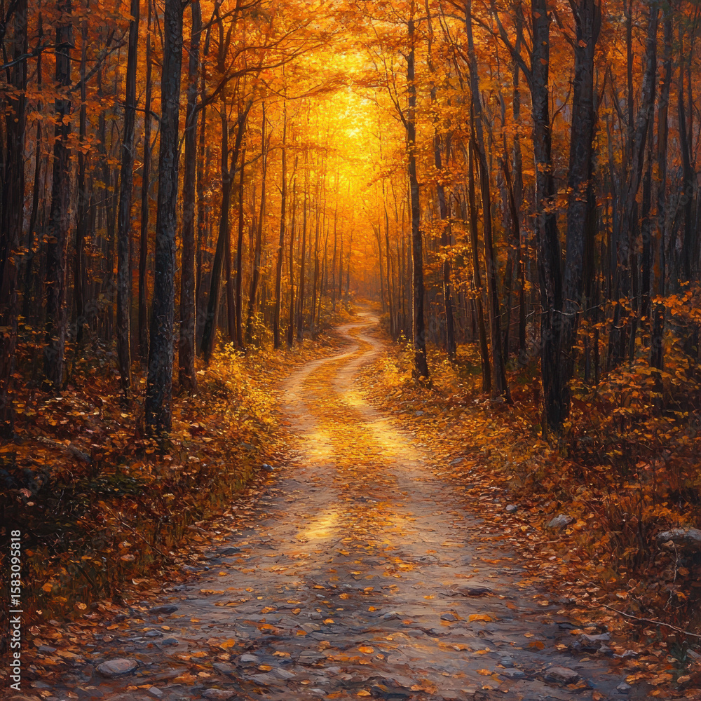 Fototapeta premium Path through forest with yellow leaves in painting.