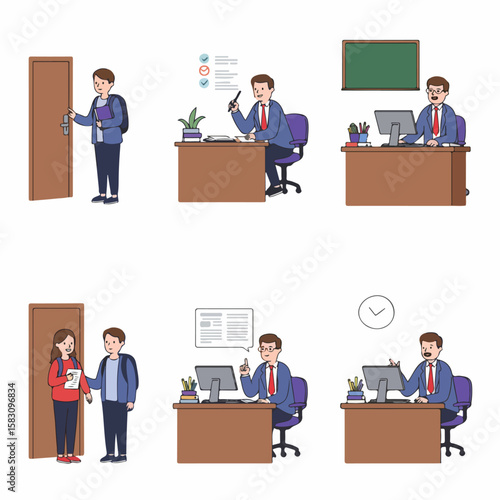Set of illustrations depicting students interacting with a teacher in various school or office scenarios.