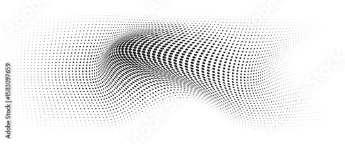 Flowing Wave Dot Halftone Pattern: Curve Gradient Shape on Transparent Background. Suitable for AI, Tech, Network, Digital, Science, and Technology Themes.