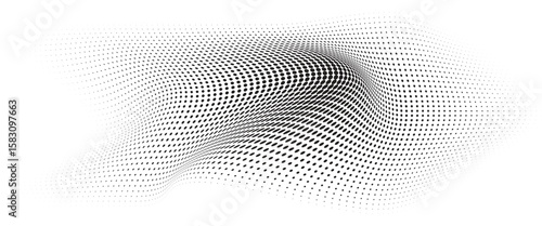 Flowing Wave Dot Halftone Pattern: Curve Gradient Shape on Transparent Background. Suitable for AI, Tech, Network, Digital, Science, and Technology Themes.