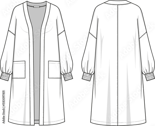 Long cardigan flat sketch, technical fashion illustration, V-neck front, cuffed sleeves, patch pockets, center back seam, garment design drawing, vector apparel template