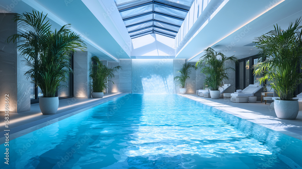 Fototapeta premium Indoor swimming pool with skylight and tropical plants