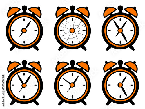 Collection of retro alarm clocks showing different times and one broken
