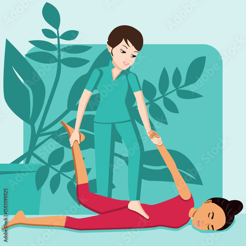 Shiatsu massage. Therapy and treatment by professional therapist in SPA. Isolated flat vector illustration. European and Eastern ethnicity.