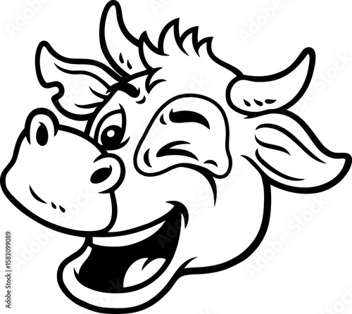 Vector Cartoon Hand Drawn Happy Winking Cow With Spot On Face Line Art