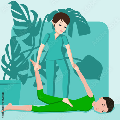 Shiatsu massage. Therapy and treatment by professional therapist in SPA. Isolated flat vector illustration. European and Asian ethnicity.