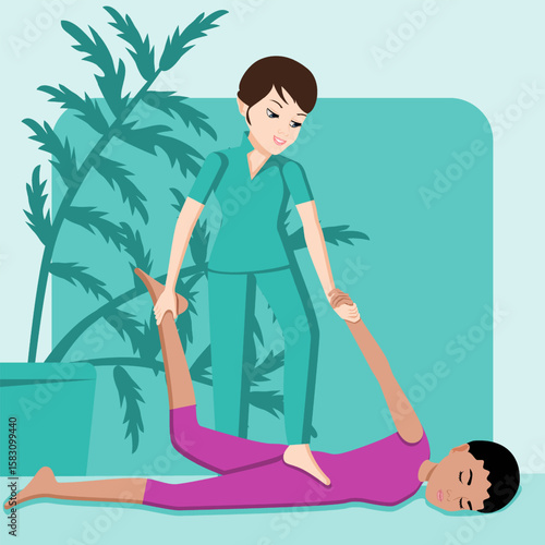 Shiatsu massage. Therapy and treatment by professional therapist in SPA. Isolated flat vector illustration. European and Indian ethnicity.
