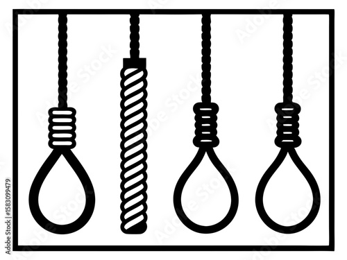 Four hanging ropes with nooses and a twisted rope illustration