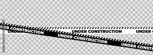 Under construction black white warning tape safety stripe. Caution barrier stripe for safety zone, blocked area, website page, road work, site maintenance, redesign progress. Vector illustration.