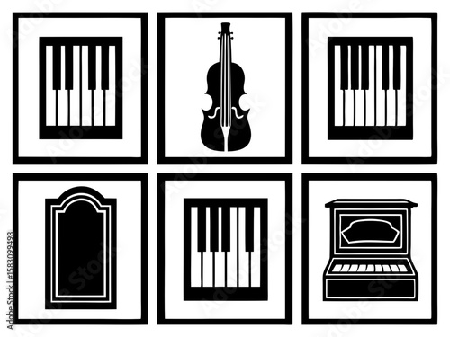 A collection of musical instruments and decorative elements in black and white