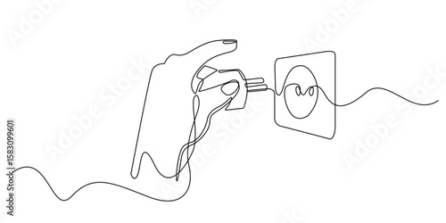 continuous line drawing of energy saving, hand pulling plug out of electrical socket. single line vector illustration. eps 10