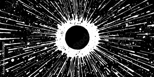 Abstract black ink blob with radiating streaks on white background for artistic design