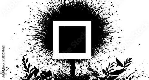 Abstract black and white ink spray with centered rectangle for creative design
