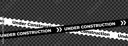 Under construction black white warning tape safety stripe. Caution barrier stripe for safety zone, blocked area, website page, road work, site maintenance, redesign progress. Vector illustration.