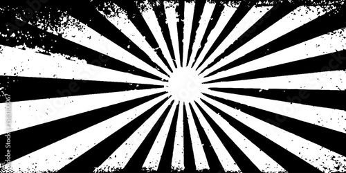 Vintage grunge halftone design with worn radial lines in black and white