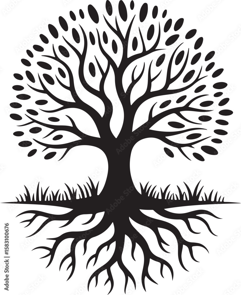 Obraz premium Tree with Roots Silhouette in Black and White, Symbolic Nature Graphic of Growth, Family Heritage, Balance, and Life Cycle Design