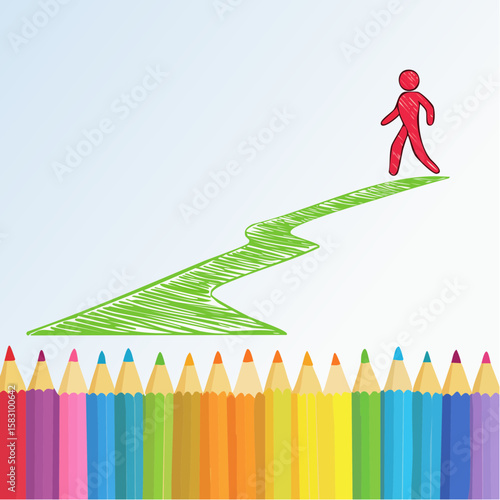 Crayon path leads the figure forward towards an unknown destination