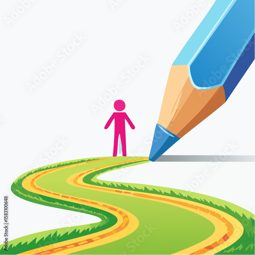 Crayon draws a path for a simple figure to walk in a bright location