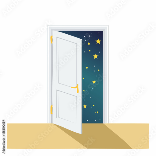 Door ajar revealing a galaxy of stars outside on a dark night