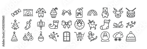 Simple Christmas Line Art Icons – Festive Vector Icon Collection