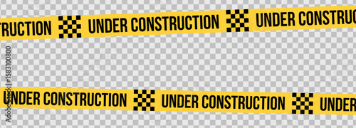 Under construction yellow warning tape safety stripe. Caution barrier stripe for safety zone, blocked area, website page, road work, site maintenance, redesign progress. Vector illustration.