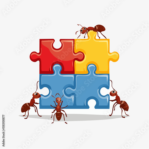 Team of ants solving puzzle together and working on colorful jigsaw puzzle