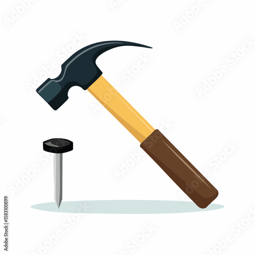 Hammer about to hit the nail with a tiny person on top, diy concept