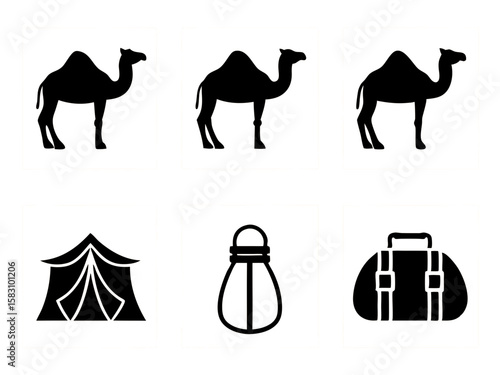 Desert adventure icons featuring camels tent lantern and duffel bag