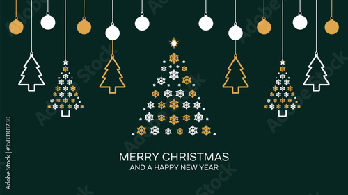 Minimalist Christmas greeting card with dark forest green background, white and gold hanging ornaments arranged horizontally, elegant festive design, modern holiday decor, simple and stylish seasonal 