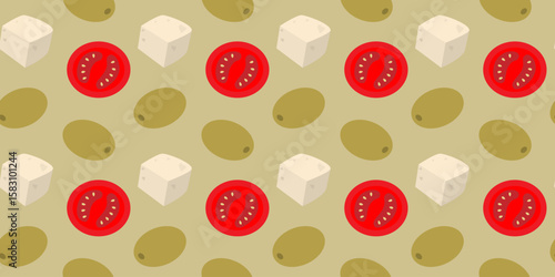 Hand drawn Cheese Cubes Green Olives and Circle Tomatoes slices Seamless Pattern Banner Format idea