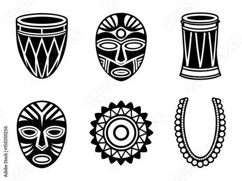 Collection of african cultural symbols including masks drums and jewelry
