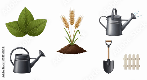 Gardening Essentials Vector Leaf, Wheat, Shovel, Watering Can and Fence Illustration